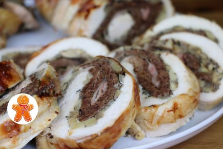Нежный куриный рулет с печенью и грибами