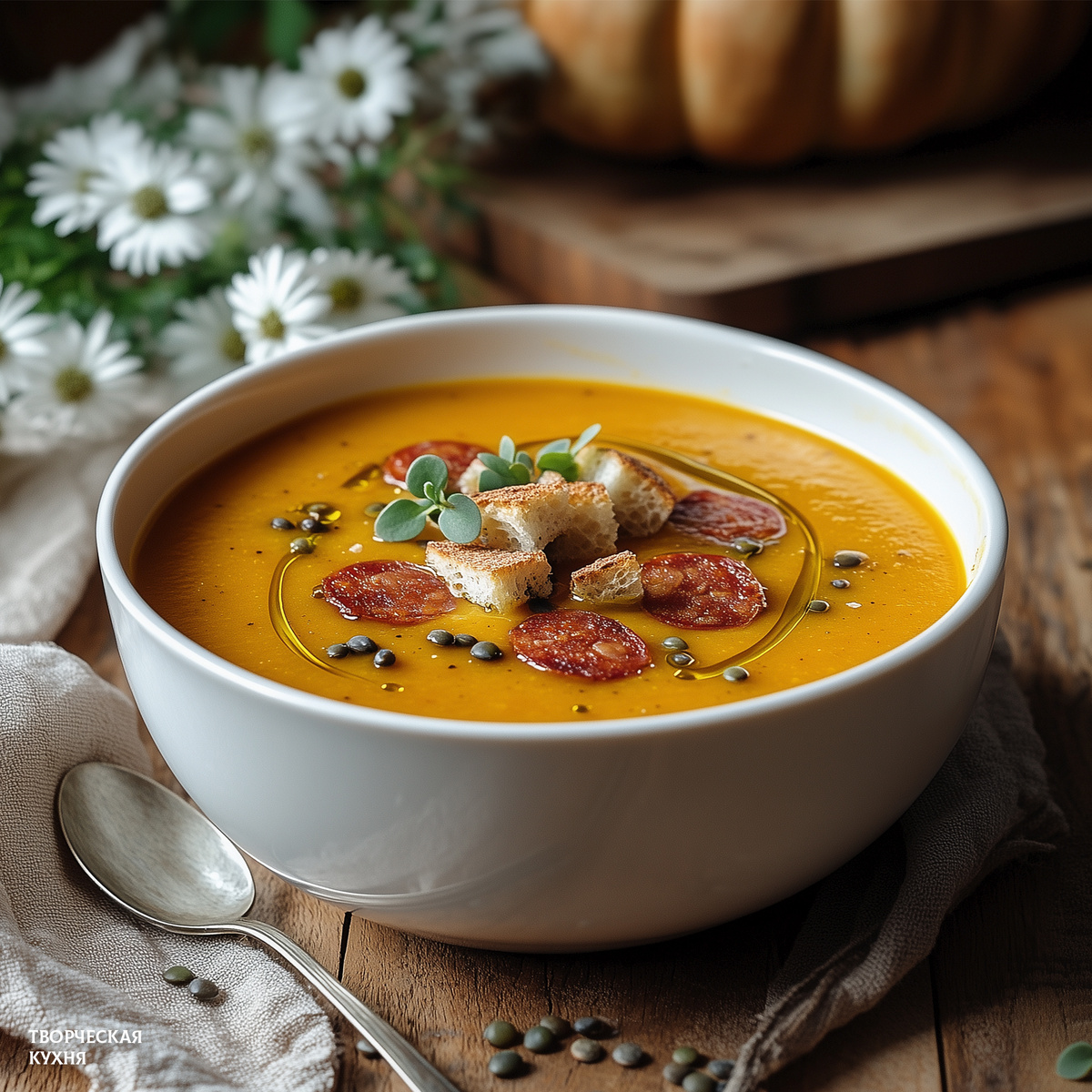 Ароматный крем-суп из запеченной тыквы с чечевицей и чоризо