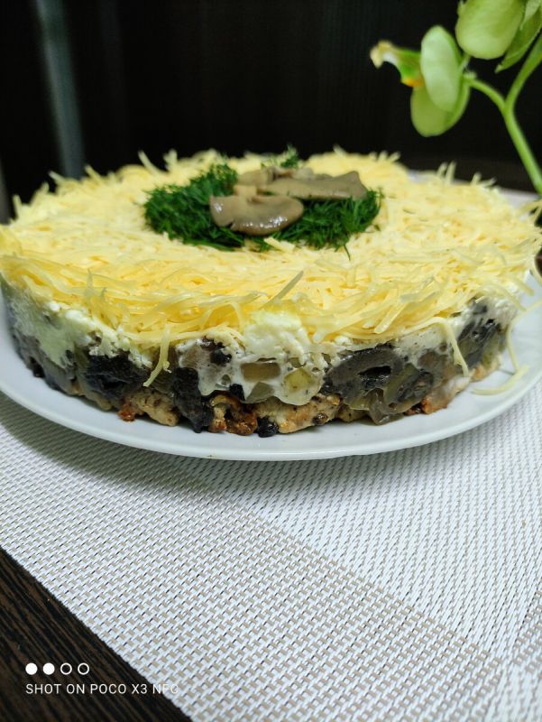 Слоеный салат из индейки с грибами